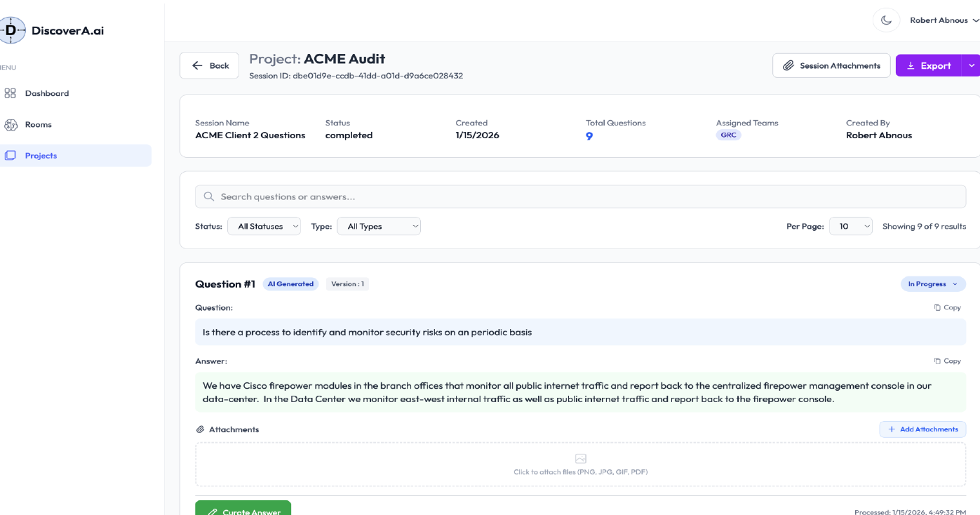 DiscoverA client audit response curation screen from the product deck